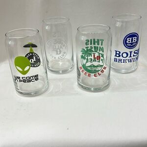 Beer Glasses 16 Ounce Blue Green Or White Lettering 5 1/4 In Tall 2 1/2 In Round